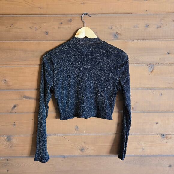 Lovers & Friends Riya Top Black Gold Metallic Mesh Stretchy Crop Long Sleeve - Picture 3 of 5